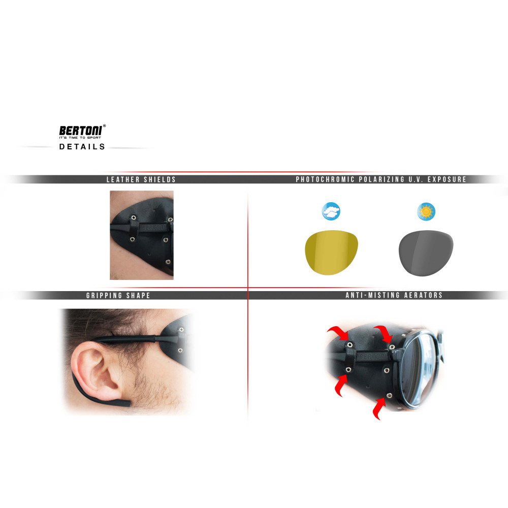 Gafas de Moto Fotocromáticas Amarillas Lentes Polarizadas Conducción Nocturna en Cuero – CORTINA PFTY by Bertoni Italia