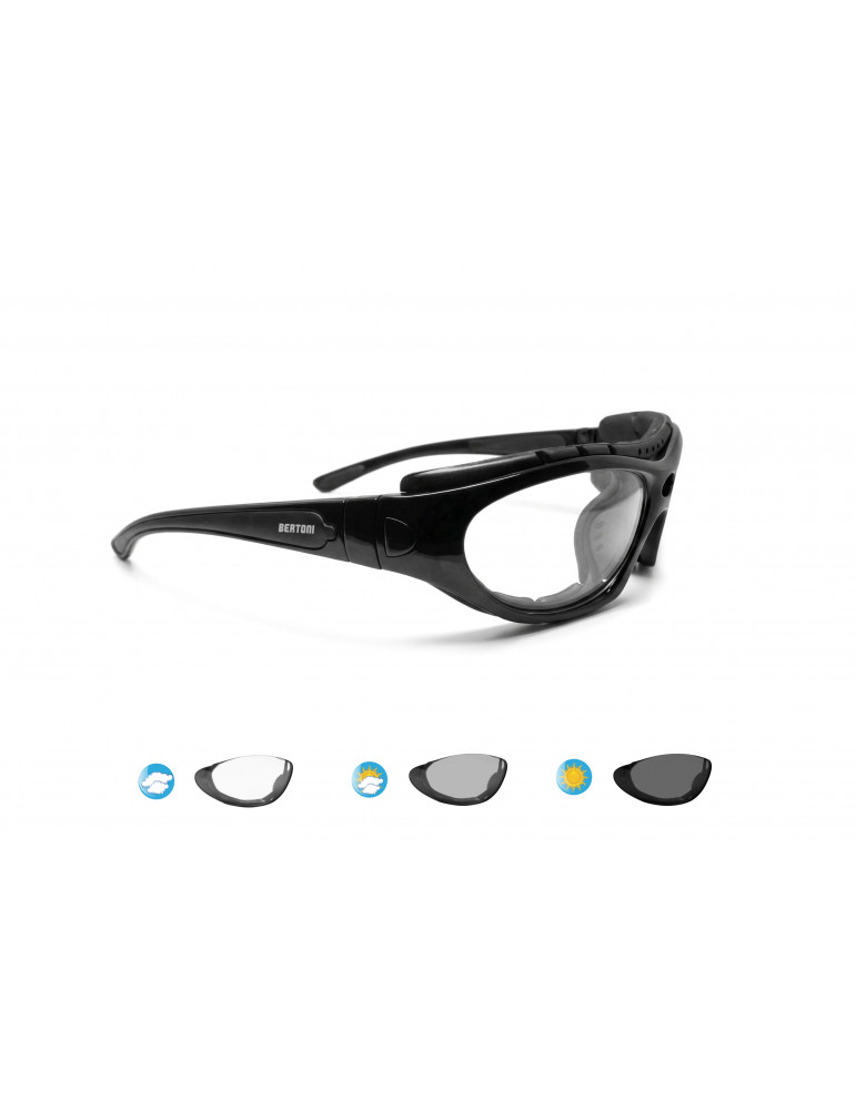 Fotochromatische Motorradbrille mit Gummizug und optischem Clip F366N